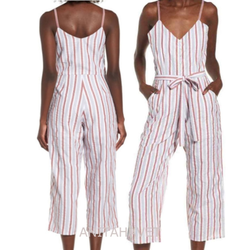 BP. Jumpsuit Rust Marsala Heather Stripe Button